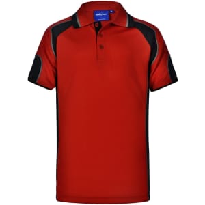 A red polo shirt with black accents and a collar, featuring a logo on the label.