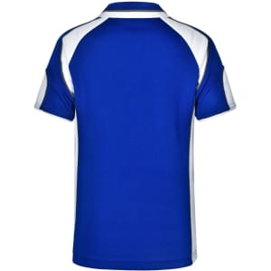 A blue polo shirt with white accents and a logo on the back. The design features a sporty, athletic style.