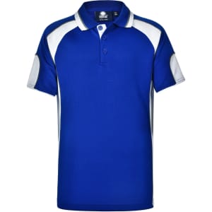 A blue polo shirt with white accents and a logo on the chest. Short sleeves and a classic collar design.