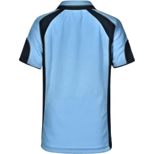A light blue children's polo shirt featuring dark blue accents and a logo on the front.