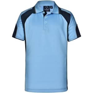 A light blue polo shirt with dark blue accents and a logo on the chest. Features a classic three-button placket.