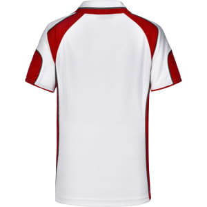 A polo shirt featuring a white base with red accents and a logo on the back.
