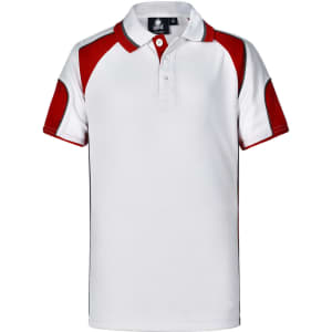 A white polo shirt featuring red accents on the sleeves and collar. It has a logo on the front.
