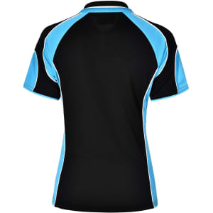 A black polo shirt with light blue accents and a branding logo on the back.