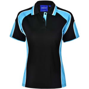 A black and light blue Ladies' Alliance Polo shirt with a collar and a logo.