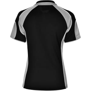 A polo shirt in black with grey accents and a logo. Features a classic collar and short sleeves.