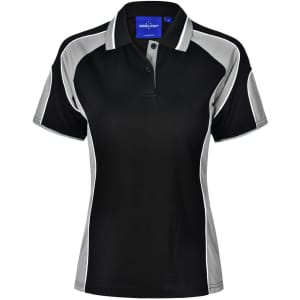 A ladies' polo shirt in black with grey accents and a branded label on the collar.