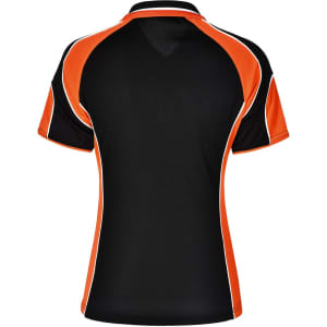A black polo shirt with orange and white accents, featuring a logo. Short-sleeved with a sporty design.