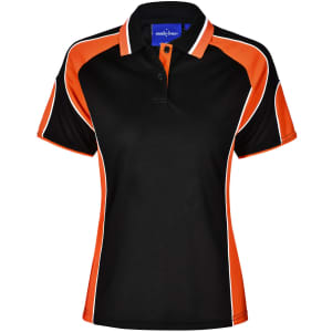 A black ladies' polo shirt with orange and white accents and a branded logo on the chest.