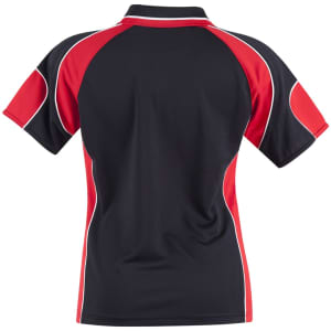 A black polo shirt with red accents and white piping, featuring a logo on the back.