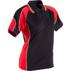 A black and red ladies' polo shirt featuring a collar and contrast piping, with a logo on the chest.