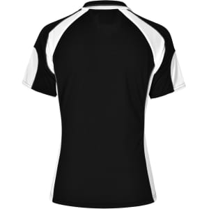 A black and white polo shirt featuring a sporty design and a logo on the back.