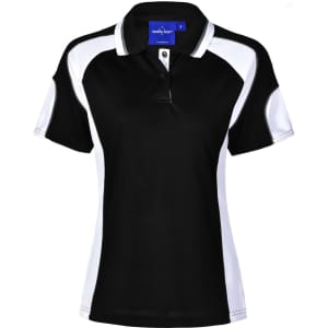 A black and white polo shirt featuring a collar and short sleeves, with a logo on the front.