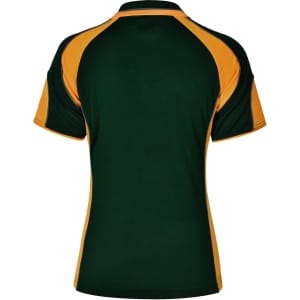 A back view of a polo shirt featuring dark green with orange accents and a logo.
