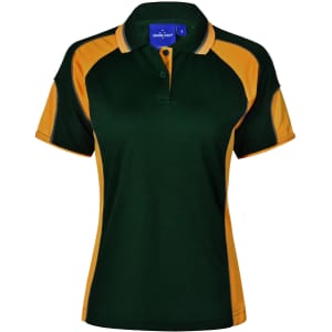 A polo shirt in green with yellow accents, featuring a collar and short sleeves. It has a logo on the chest.