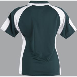 A polo shirt in dark green with white accents and a logo on the back.