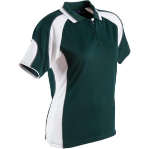 A green and white polo shirt featuring a collar and short sleeves, with a logo on the chest.