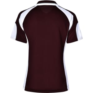 A maroon and white polo shirt featuring a sporty design and a logo on the back.