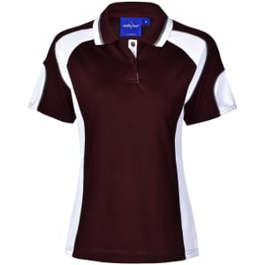 A burgundy polo shirt with white side panel accents and a collar. It features a logo on the chest area.