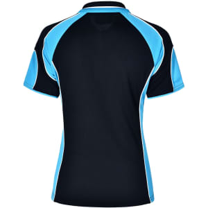 A black polo shirt with blue accents and a logo, featuring a sporty design and short sleeves.