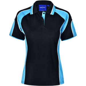 A ladies' polo shirt in black with blue accents and a branded logo on the collar.