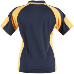 A women's polo shirt featuring navy blue and yellow panels, displaying a sporty design and a logo on the back.