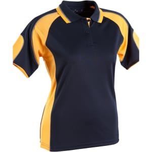 A navy blue and yellow women's polo shirt with a logo and short sleeves.