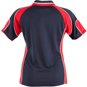 A ladies' polo shirt featuring a navy body with red and white accent panels and a logo.