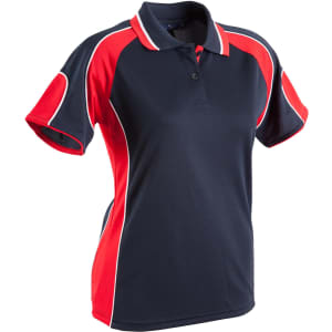 A navy blue polo shirt with red accents and a logo on the chest. Short sleeves and a classic collar design.