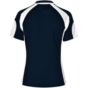 A navy blue polo shirt with white accents, featuring a sporty design and a logo on the back.