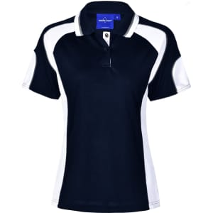 A navy and white polo shirt with short sleeves and a collar, featuring a branding logo.