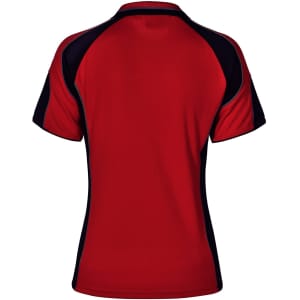 A red polo shirt featuring navy accents and a logo, designed for women's wear.