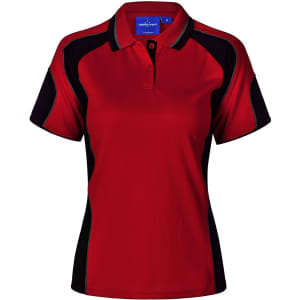 A red and black ladies' polo shirt featuring a collared design and a logo. Ideal for casual or sporty wear.