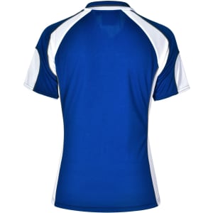 A blue and white ladies' polo shirt featuring a sporty design and a logo.