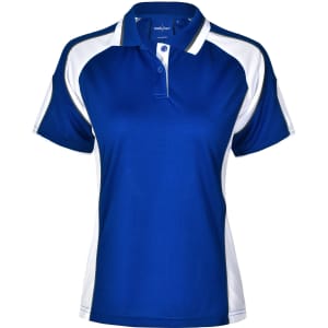 A blue and white ladies' polo shirt with a collar and short sleeves, featuring a logo on the upper part.