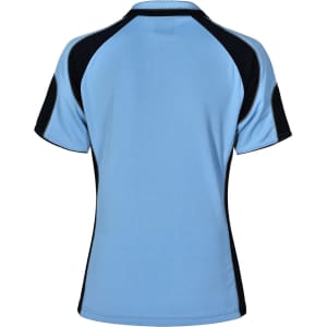 A light blue ladies' polo shirt with black accents and a branding logo on the back.