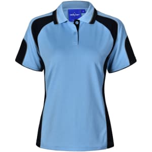 A light blue polo shirt with black accents and a logo on the chest.