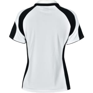 A white ladies' polo shirt with black accents and a logo on the back.