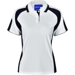 A ladies' polo shirt featuring a white body with black accents and a collar. Includes a logo on the chest.