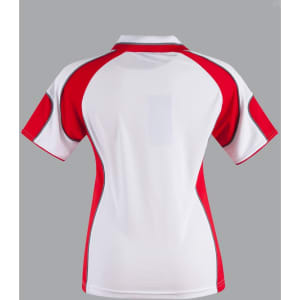 Ladies' polo shirt in white and red, featuring a sporty design with a logo on the back.