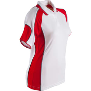 A red and white ladies' polo shirt with short sleeves and a branded logo.