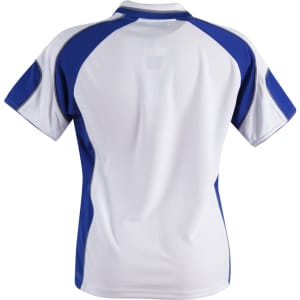 A white and blue ladies' polo shirt featuring a logo, with a sporty design and short sleeves.