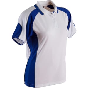 A polo shirt in white with blue accents, featuring a collar and short sleeves. It has a logo on the chest.