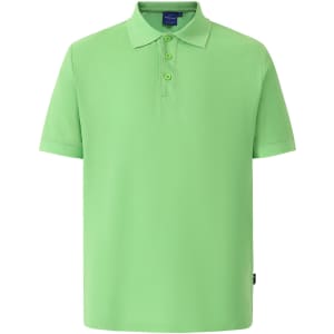 A green men's polo shirt featuring a collar and three buttons, with a logo on the side.
