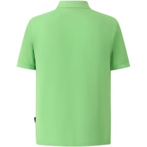 A green polo shirt with short sleeves and a collar, featuring a branding logo.