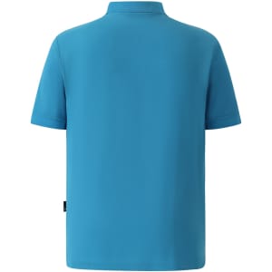 A bright blue men's polo shirt featuring a collar and short sleeves, with a branding logo on the back.