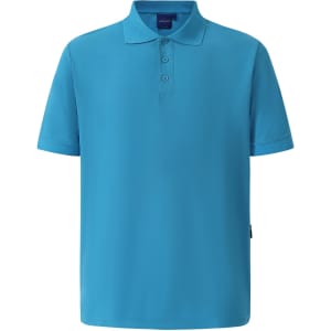 A bright blue polo shirt featuring a collar, short sleeves, and a logo on the front.