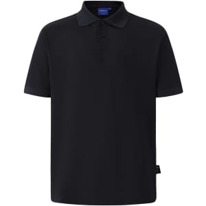 A black polo shirt with a collar and short sleeves, featuring a logo on the chest.
