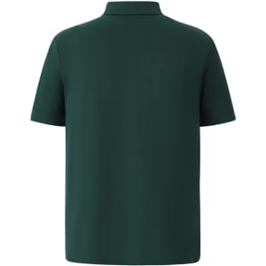 A green men's polo shirt featuring short sleeves and a collar, with a branding logo on the back.