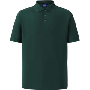 A green men's polo shirt featuring a collar, short sleeves, and a logo on the chest area.